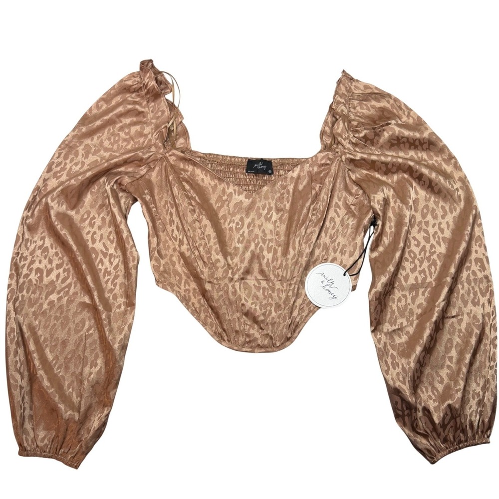 Revolve Milk & Honey Leopard Print Long Sleeve Corset Top Metallic Bronze Medium